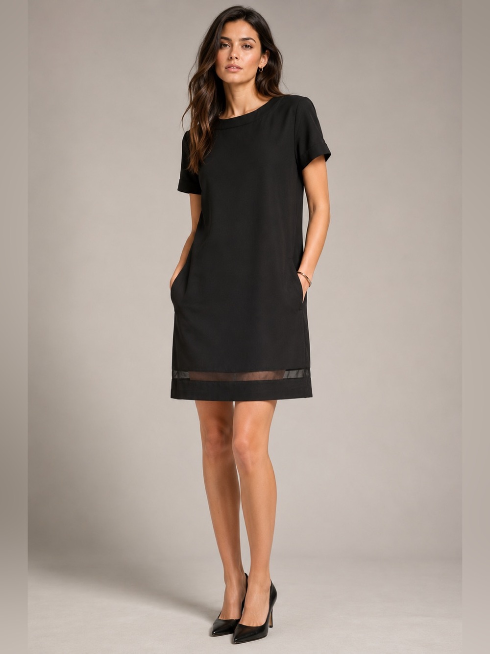 Andrew Marc Black Sheer Panel Shift Dress Pockets Minimalist Designer Size 10